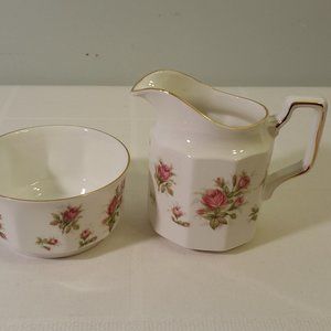 Vintage England Queen's Rosina Pink Moss Rose Open Sugar Bowl & Creamer Set